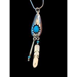 Larry Sandoval Vintage Navajo Sterling Silver Turquoise Feather Pendant 19"